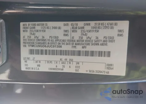 2018 Ford Escape Se из США, поврежденный, VIN 1FMCU9GD6JUC01308